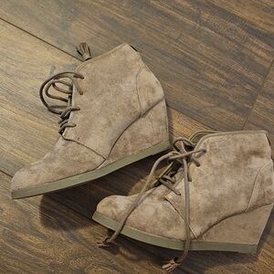 Madden Girl Taupe Suede Lace-Up Wedge Booties